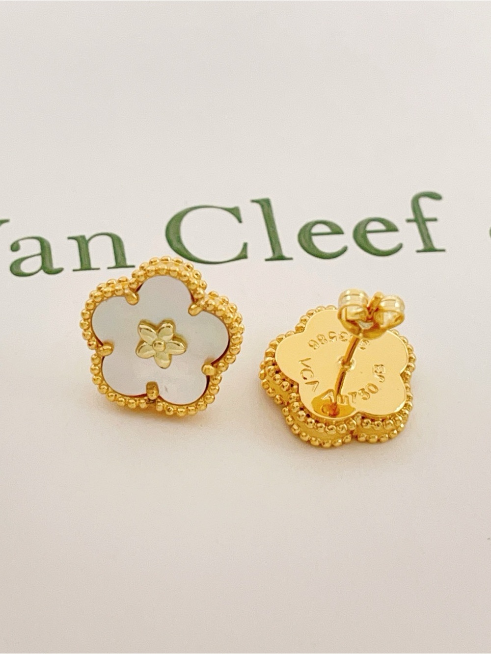 Gold and White Clover Stud Earrings - Luxury Floral Design